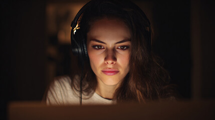 Young woman working on laptop at night, indoor technology, diffused lighting, digital lifestyle, relaxed lifestyle, coding, it technology