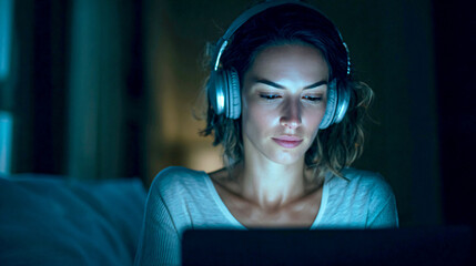 Young woman working on laptop at night, indoor technology, diffused lighting, digital lifestyle, relaxed lifestyle, coding, it technology