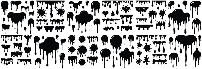 Black Dripping Shapes and Liquid Splats Vector Set