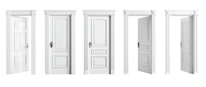 Four white doors, varying degrees of opening