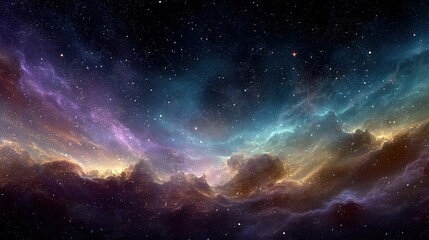 Fototapeta premium Multicolor Nebula with Purple Pink Blue Yellow Green Hues and Glowing Star Clusters in Deep Space for Sci-Fi Design or Astronomy Education