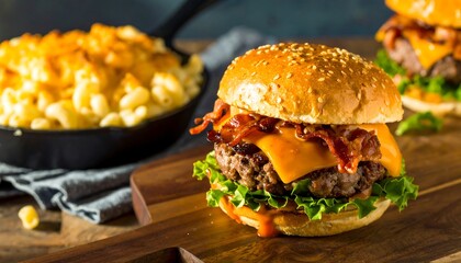 Juicy gourmet bacon cheeseburger with melted cheddar and crispy lettuce, served with creamy mac and cheese.