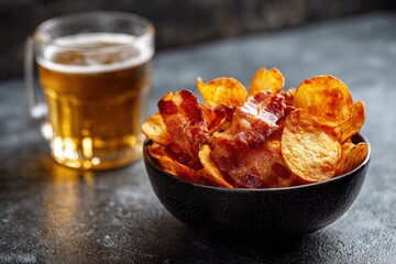 Crisps bacon bits fill a black bowl with beer beside The background is dark and textured