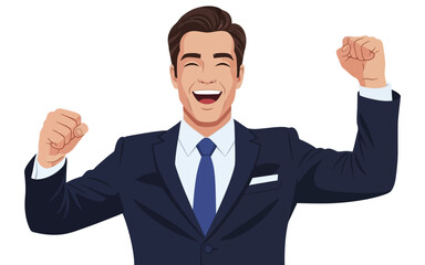 Joyful Businessman Celebrating Success with Raised Fists.