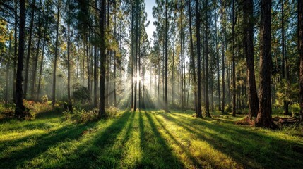 Fototapeta premium A forest with trees and grass. The sun is shining through the trees, creating a beautiful and peaceful atmosphere
