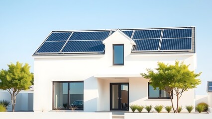 Modern white house with solar panels and clean design against a simple blue sky.