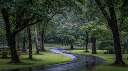 Fototapeta premium Winding road through lush, green forest after rain