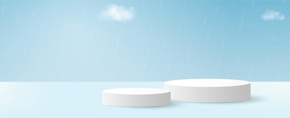 White podiums on blue rainy background with clouds, minimal empty platform for product or presentation display