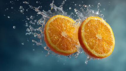 Orange fruit halves splashing in water