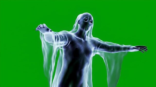 A spooky, translucent ghost or phantom with outstretched arms floating on a green screen background.