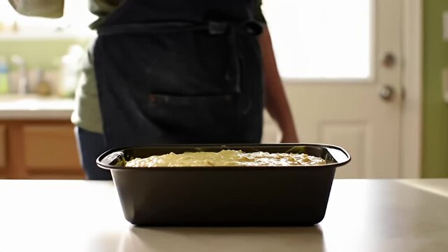 Raw, light batter filling a dark loaf pan, set on a white countertop in a bright kitchen