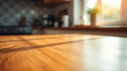 Obraz premium Close-up of polished wooden table surface with soft morning light through a blurred kitchen window in warm natural tones.
