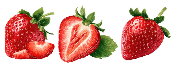 Three vibrant strawberries, whole and sliced, displayed against a black background.  Fresh, juicy, and detailed depictions of the berries.  Green leaves accentuate the fruit
