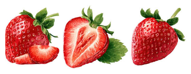 Three vibrant strawberries, whole and sliced, displayed against a black background.  Fresh, juicy, and detailed depictions of the berries.  Green leaves accentuate the fruit