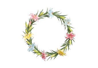 Obraz premium Pastel lily flower wreath isolated on transparent background