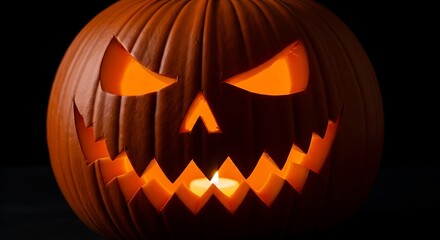 Naklejka premium Glowing Jack-o'-lantern with menacing grin against black background