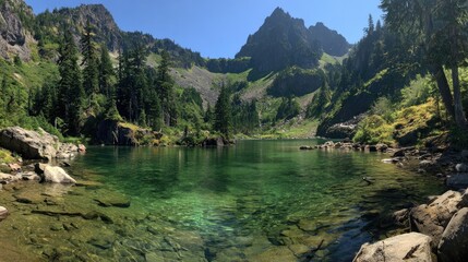 Emerald alpine lake nestled in a mountain valley
