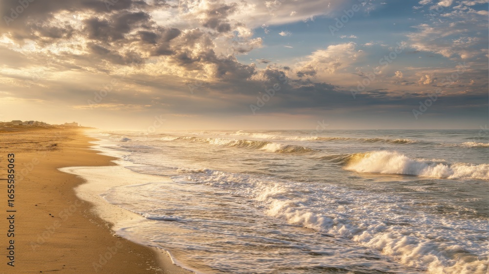 Poster the ocean is calm and the sky is cloudy. the sun is setting and the beach is empty