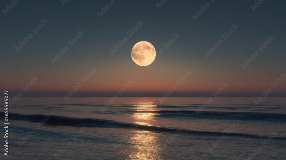 Poster a large moon is reflected in the water of the ocean. the sky is dark and the moon is the only light 