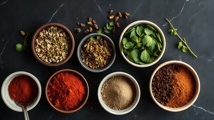 An artistic arrangement of dried herbs and spices in small bowls on a dark marble surface.