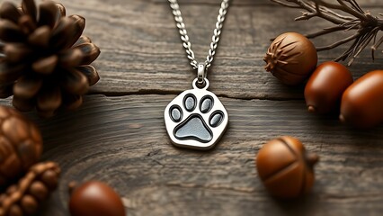 Silver paw print pendant on rustic wood, surrounded by pinecones and acorns in muted natural tones.