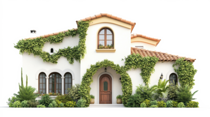 Spanish-style villa with red roof and palms  
