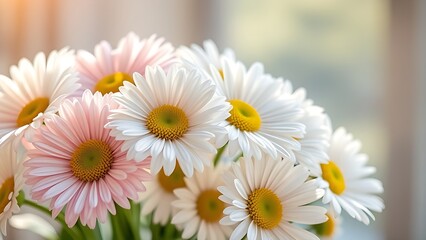 Obraz premium Fresh daisy bouquet bathed in soft sunlight, showcasing delicate pastel petals.