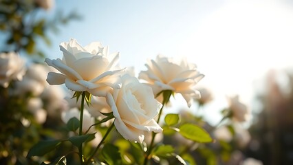 Obraz premium White roses in full bloom against a soft blue sky, sunlight creating a natural bokeh effect around them.
