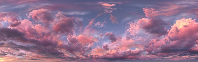 Panoramic view of a vibrant sunset sky filled with soft pink and purple clouds