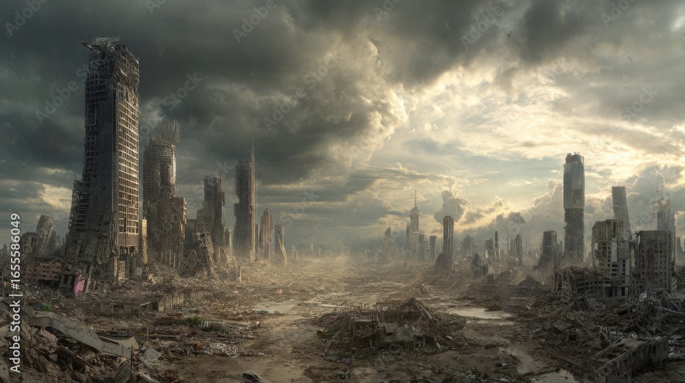 Poster a desolate cityscape with a cloudy sky and a few buildings. scene is bleak and desolate