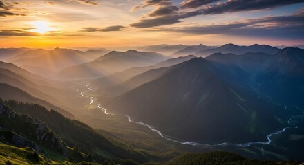 Majestic mountain range at sunrise, winding river valley, golden light.