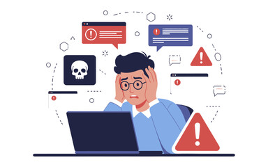 Stressed Man Facing Computer Errors and Warnings.