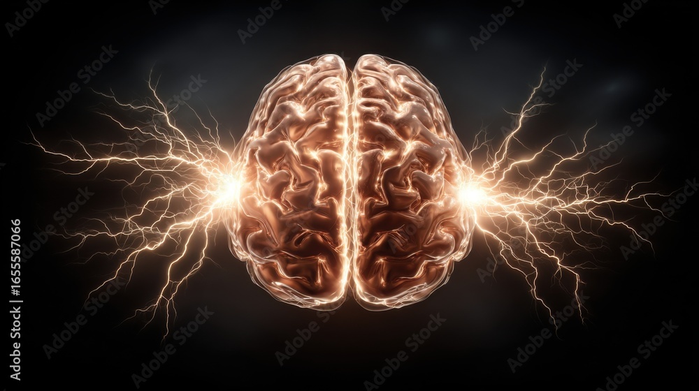 Poster a brain with two faces and a lightning bolt in the middle. the brain is glowing and the lightning bo