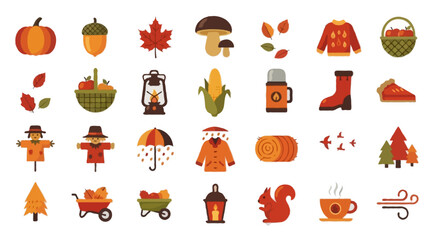 Vector Fall icons set | Include pumpkin, acorn, maple leaf, mushroom, warm sweater, falling leaves, basket of apples, lantern, corn cob, thermos, boots, campfire, scarecrow, pie slice, raincoat