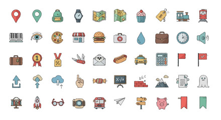 Fototapeta premium Vector Mixed icons set | include map pin, backpack, wristwatch, map, cupcake, price tag, train, barcode, umbrella, pizza slice, eye, donut, burger, store, medical kit, water drop, luggage, etc