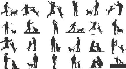 Group of People of All Ages with Dogs – Silhouette Vector Set