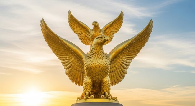 Golden garuda statue against sky