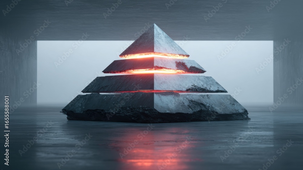 Poster a pyramid with a red light on top of it. the pyramid is made of stone and has a triangular shape