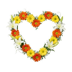 Colorful heartshaped floral wreath with daisies, lilies isolated on transparent background
