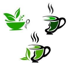 Tea cup logo design – green herbal tea illustration with steam and leaves