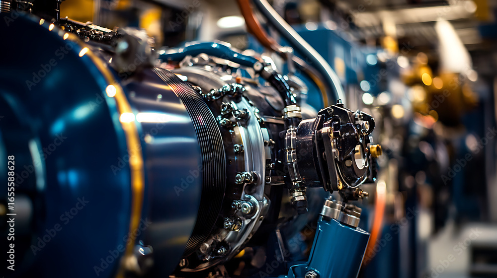 Poster a large blue engine with a yellow component attached to it. the engine is the main focus of the imag