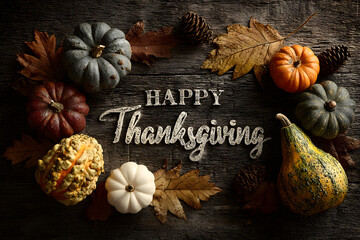 Happy Thanksgiving greeting text with colorful pumpkins, squash and leaves over dark wooden background