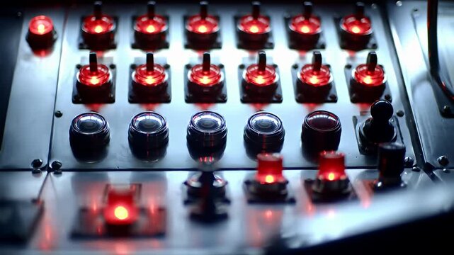 Control panel with illuminated switches, toggle levers, dials, on a metal surface