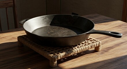 Rustic Cast Iron Skillet on Woven Trivet, Sunlit Kitchen Table