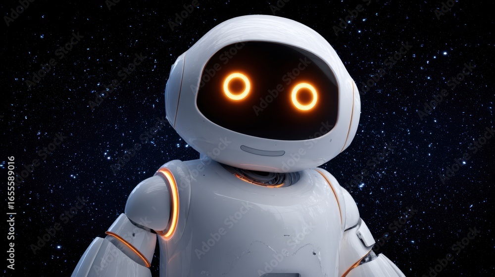 Poster A robot with orange eyes stands in front of a starry sky. The robot is white and has a metallic appearance. The scene is set in a futuristic world, with the robot being the main focus of the image