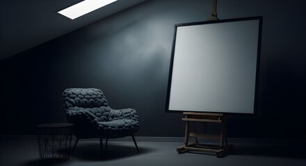 Blank Canvas on Easel - Dark Artist Studio, Creative Workspace, Moody Atmosphere, Artistic Process, Solitude, Inspiration, Art Painting