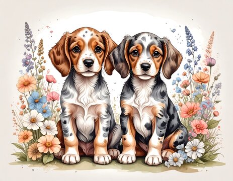 Two adorable puppy dogs in a flower garden