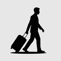 A black and white silhouette vector of a person carrying a suitcase traveling it