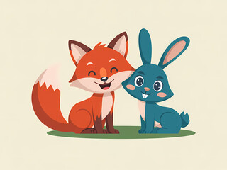 Flat illustration of cheerful red fox and curious blue rabbit in geometric minimalist style on green ground with cream background, clean vector design