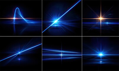 Abstract digital graphic set of glowing blue light effects on a black background. Light beams, streaks, and starbursts are displayed in various patterns and intensities